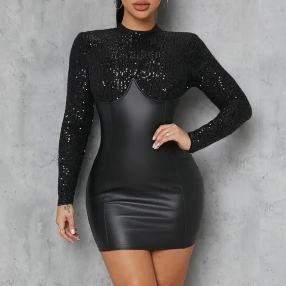 SHEIN | Dresses | New Sequin Bodice Faux Leather Bodycon Dress | Poshmark